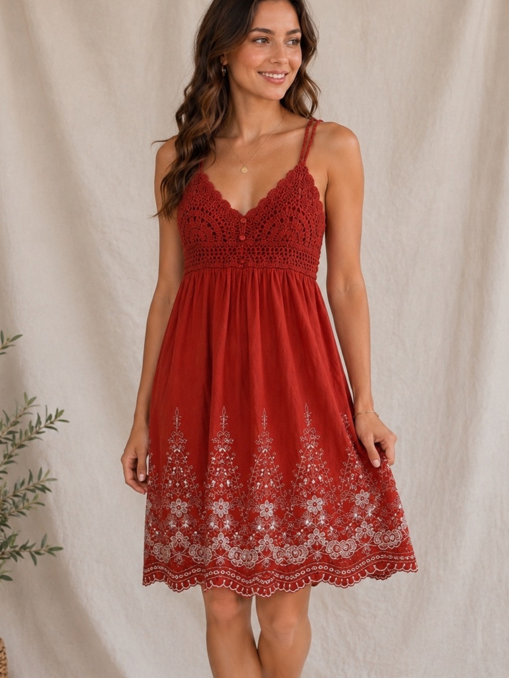Ultra Pink Boho Crochet Bodice Embroidered Sundress / Mini Dress